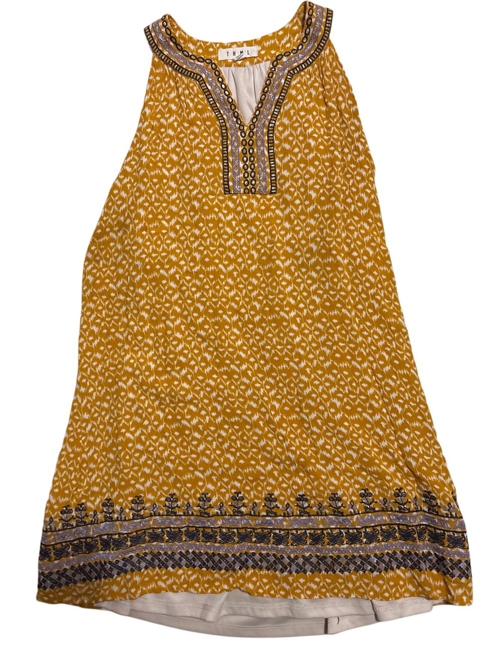 THML Mustard Yellow Printed Sleeveless Shift Dress